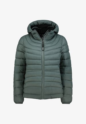 Grüne Pufferjacke mit horizontalem Steppmuster, formbare Kapuze, durchgehender Reißverschluss und elastischen Bündchen; aus leichtem, wasserabweisendem Material gefertigt.