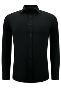 Zwarte langekleurige shirt van gladde stof, met een klassieke kraag, knopenvoorkant en subtiele logodetail op de borst.