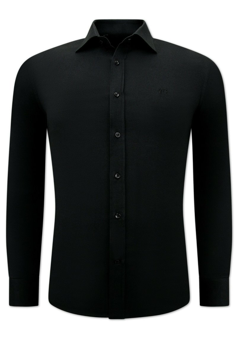 Zwarte langekleurige shirt van gladde stof, met een klassieke kraag, knopenvoorkant en subtiele logodetail op de borst.