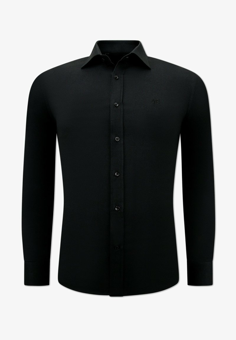 Zwarte langekleurige shirt van gladde stof, met een klassieke kraag, knopenvoorkant en subtiele logodetail op de borst.