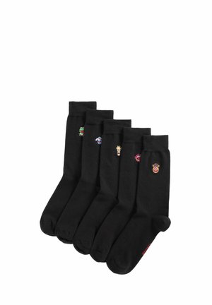 Vijf paar zwarte sportsokken, elk met een klein geborduurd gezicht van een Muppets-personage vlakbij de bovenste boord.