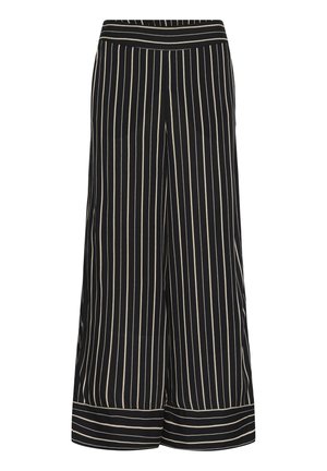 Crne široke hlače s kremasto bijelim vertikalnim prugama, s glatkom teksturom, dizajnom pojasom i preklopljenim rubom.