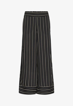 Svarta vida byxor med krämfärgade vertikala ränder, med en slät textur, en midje-design och en vikt nederkant.