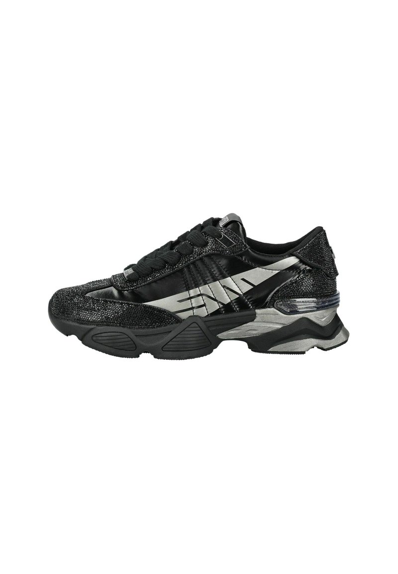 Black and silver athletic sneaker with textured upper, thick sole, lace-up design, and a visible air cushion in the heel.