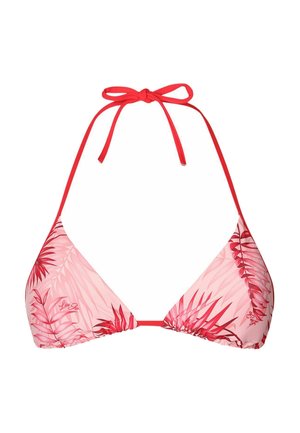 Top de bikini triunghiular roșu și roz cu un model de frunze tropicale, cu șnururi ajustabile la gât și spate, prezintă logo-ul pe partea stângă.