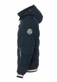 Marineblaue Daunenjacke mit Kapuze, ausgestattet mit gerippten Bündchen, einer Reißverschlusstasche und einem runden Logo-Patch am Oberarm. Strukturiertes und isoliertes Design.