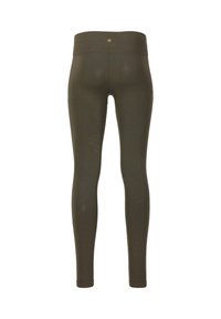 Olivegrüne Leggings mit einer glatten Textur, hohem Bund und einem kleinen goldenen Emblem auf der Rückseite. Keine sichtbaren Muster oder Hardware.