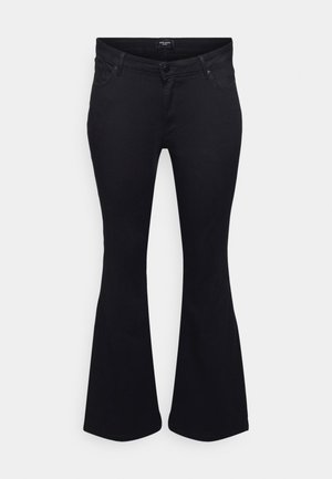 Black flared jeans made of denim, featuring a fitted waist, five pockets, and a smooth texture, extending to a flared ankle design.