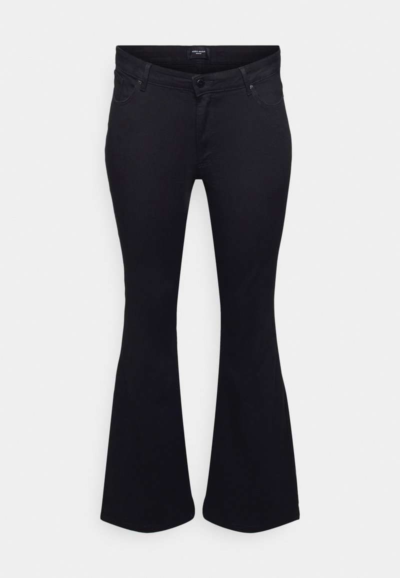 Jeans pretos em corte boca de sino, feitos de denim, com uma cintura ajustada, cinco bolsos e uma textura suave, terminando em um design de tornozelo em corte flare.