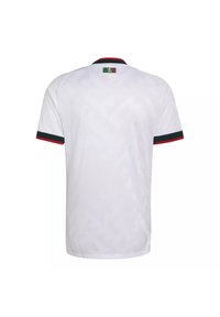 Chemise blanche à manches courtes avec bordure noire et rouge sur le col et les manches, présentant un petit logo multicolore au centre supérieur du dos.