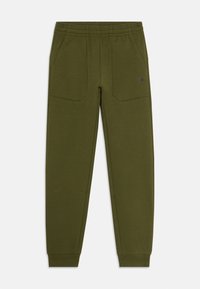 Pantalones de chándal verde oliva ajustados con cintura elástica, dos bolsillos delanteros, puños acanalados en los tobillos y un logo sutil en el muslo izquierdo.
