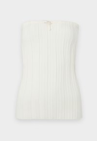 Top strapless a coste bianche con un piccolo fiocco annodato al centro del bordo superiore.