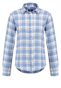 Modrá a bílá károvaná košile s dlouhým rukávem a zapínáním na knoflíky u límce, s kulatým lemem a jemnými růžovými akcenty v kostkovaném vzoru.