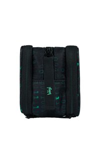 Borsa nera con motivo digitale verde, chiusura a zip e due cinturini regolabili. Tessuto testurizzato con forma rettangolare piatta.