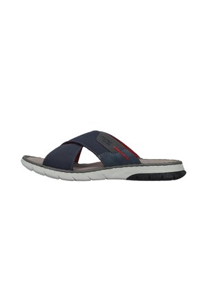 Marineblaue Herren-Slipper-Sandale mit gekreuzten Stoffriemen und weißer gepolsterter Sohle mit schwarzem Profil.