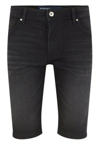 Shorts en denim noir à coupe classique, dotés de cinq poches, d'une braguette zippée et d'un léger stretch pour le confort. Texture lisse avec un minimum de détails.