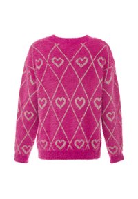 Różowy sweter z futrzastym wykończeniem, z diamentowym wzorem i metalicznymi srebrnymi sercami. Okrągły dekolt i długie rękawy, o miękkiej teksturze.
