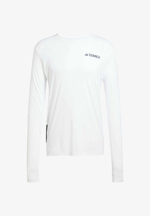 Long-sleeve white athletic shirt with a round neck, featuring a black Terrex logo and side pocket with a zip closure. Smooth, lightweight fabric.