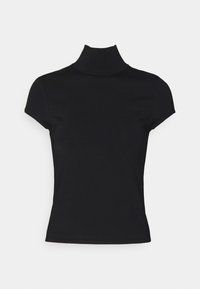 Černý krátký rukáv s rolákem z žebrované látky. Má přiléhavý střih a vysoký límec, s hladkou texturou bez viditelných vzorů.