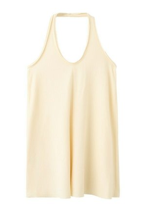 Robe sans manches couleur crème avec un col licou, une coupe ample et fluide, et un profond décolleté en U.