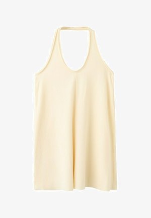 Ærmeløs cremefarvet halterneck-kjole med en løs, flydende pasform og en dyb rund halsudskæring.