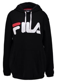 Zwarte hoodie van zachte stof. Voorzien van een groot wit FILA-logo met rode accenten. Heeft een voorvak in kangoeroestijl en trekkoorden.