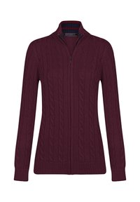 Bordeaux zip-up tröja med flätmönster, hög krage och ribbade mudd- och nederkanter. Tillverkad av strukturerad stickad tyg för komfort.