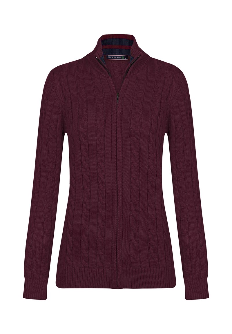 Bordeaux zip-up tröja med flätmönster, hög krage och ribbade mudd- och nederkanter. Tillverkad av strukturerad stickad tyg för komfort.