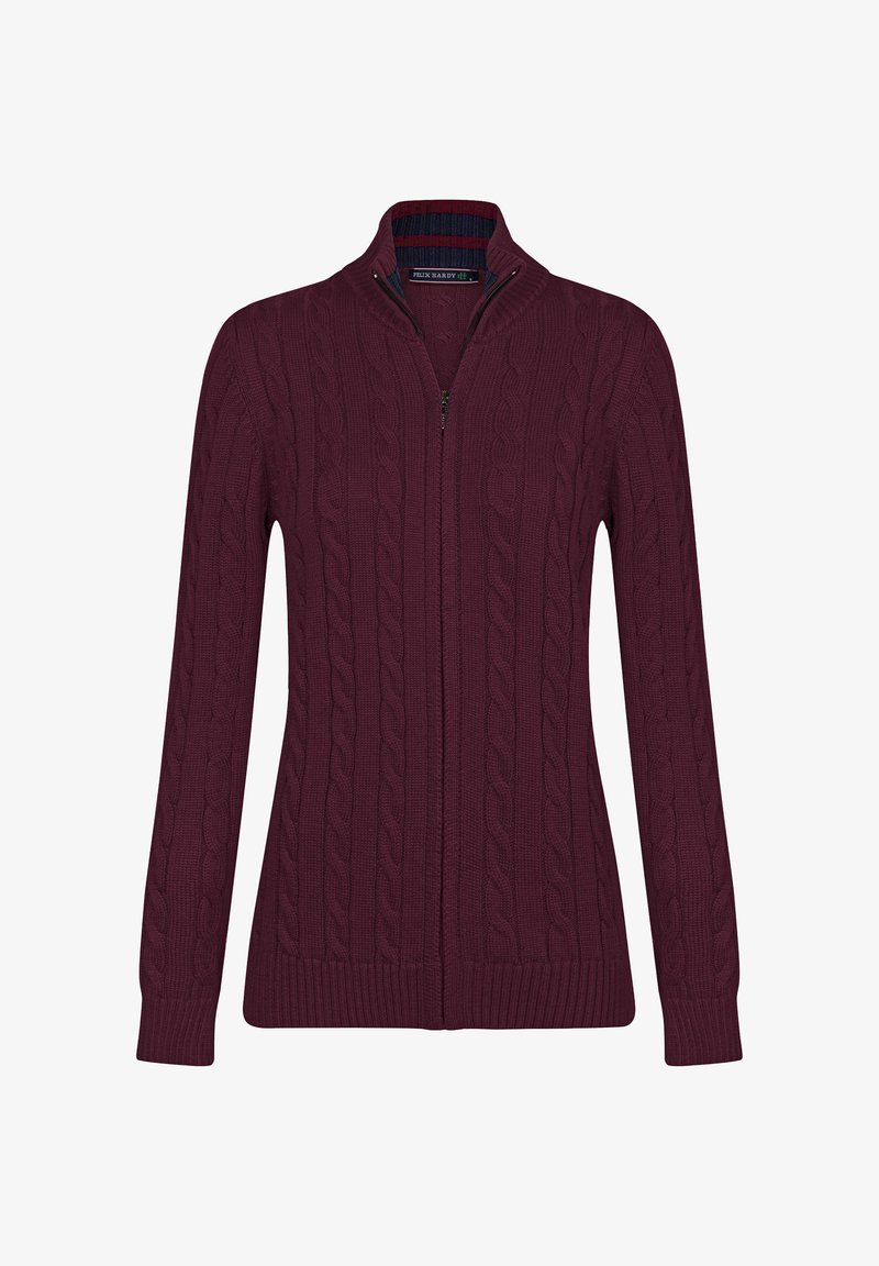 Bordeaux zip-up tröja med flätmönster, hög krage och ribbade mudd- och nederkanter. Tillverkad av strukturerad stickad tyg för komfort.