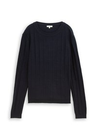 Navy-blau gestreifter Pullover mit Rundhalsausschnitt und langen Ärmeln. Hergestellt aus weichem Material, das vertikale Streifen für Textur aufweist. Minimalistisches Design.