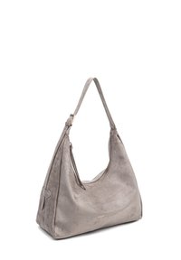 Borsa hobo in suede grigio con una sola tracolla, texture liscia, silhouette morbida e un marchio discreto sul pannello frontale.
