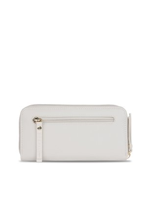 Portefeuille rectangulaire en cuir blanc avec poche extérieure zippée et tirette dorée, logo en relief sur l'onglet de fermeture, posé sur fond blanc.