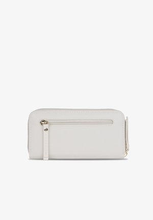 Rechteckige weiße Lederbörse mit einem äußeren Reißverschlussfach und goldenen Reißverschluss-Zippern, geprägtem Logo am Reißverschlussband, flach auf weißem Hintergrund.