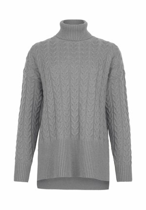 Lysegrå kabelstrikket rullekravesweater med lange ærmer og ribbet kant og manchetter, designet til en afslappet pasform.