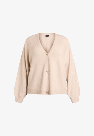 Bežinė megzta kardiganas su V formos iškirpte, pūkuotomis rankovėmis ir trimis priekiniais mygtukais. Minkšta tekstūra su ruožuotu apdailos kraštu ant rankovių ir apačios.