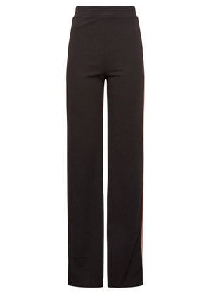 Pantaloni neri a gamba larga con vita alta, realizzati in tessuto elasticizzato, con una texture liscia e senza motivi o hardware visibili.