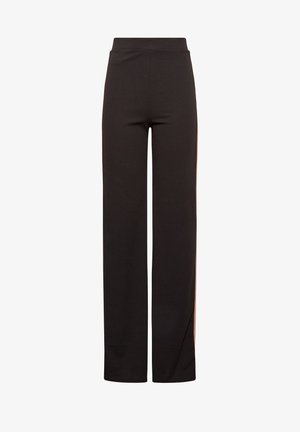 Zwarte wijde broek met hoge taille, gemaakt van rekbare stof, met een gladde textuur en zonder zichtbare patronen of hardware.