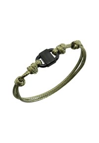 Bracciale in corda intrecciata verde oliva con fermo nero. Presenta nodi per la regolazione e una texture elegante, adatto per un look casual.