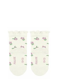 Skarpetki do kostek w kolorze kremowym z falbaną na górze; mają różowe kwiatowe wzory z zielonymi liśćmi; wykonane z miękkiego, elastycznego materiału; rozmiar podany na dole.