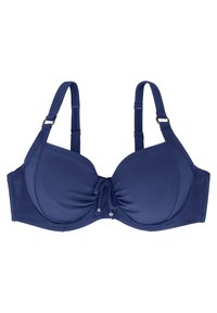 Tamsiai mėlynas bikini viršus su vielos paminkštinimu, su pamuštu puodeliu, surinkimu centre, reguliuojamomis petnešėlėmis ir dekoratyvinėmis karoliukų detalėmis priekyje.