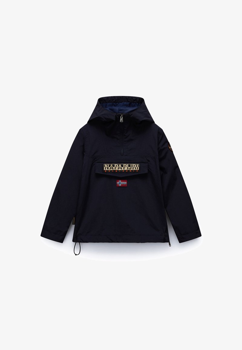 Sünte sinine Napapijri kapuutsiga tuulekindel jakk, esipoolse tõmblukuga, suure taskukaane, logomärgiga ja Norra lipu embleemiga rinnal.