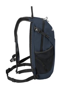 Sac à dos bleu marine avec plusieurs sangles réglables, poche latérale en mesh, poignée supérieure et poche avant zippée, vu de côté.