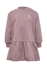 Robe longue à manches longues mauve pour enfants avec ourlet volanté, col rond, boutons-pression aux épaules et logo Hummel brodé en or sur la poitrine.