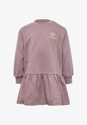 Abito lungo a maniche per bambini in mauve con orlo arricciato, collo rotondo, bottoni sulle spalle e logo Hummel ricamato in oro sul petto.