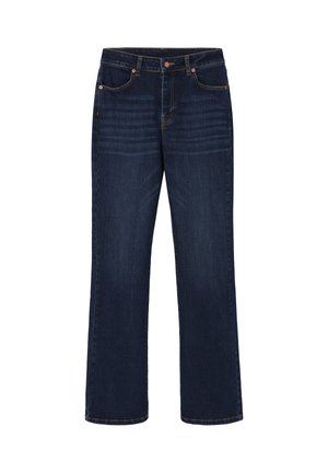 Donkerblauwe jeans met rechte pijpen, voor- en achterzakken, knoopsluiting en subtiele whiskeringdetails op de voorkant van de dijen.