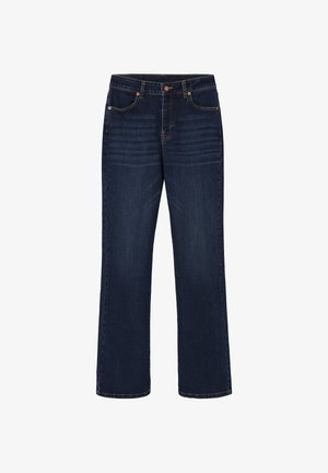 Donkerblauwe jeans met rechte pijpen, voor- en achterzakken, knoopsluiting en subtiele whiskeringdetails op de voorkant van de dijen.