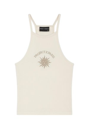 Crop top beige côtelé avec des fines bretelles, présentant une broderie de soleil et le texte "PROJECT X PARIS" au-dessus du design.