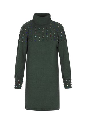 Dark green knitted sweater dress with a high neck, featuring decorative multicolored gems on the chest and sleeves, long sleeves, and ribbed cuffs.