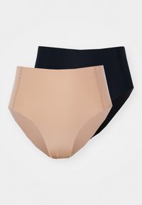 Two pairs of women's briefs: one in nude, one in black. Smooth fabric, high-waisted design, seamless edges, and no visible hardware.