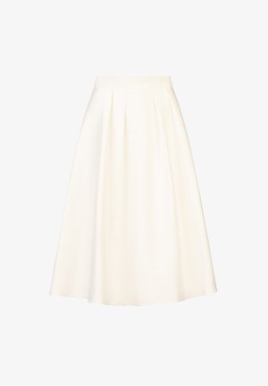 A knee-length, pleated skirt in cream fabric with a smooth texture and a fitted waistband, designed for casual or formal wear.